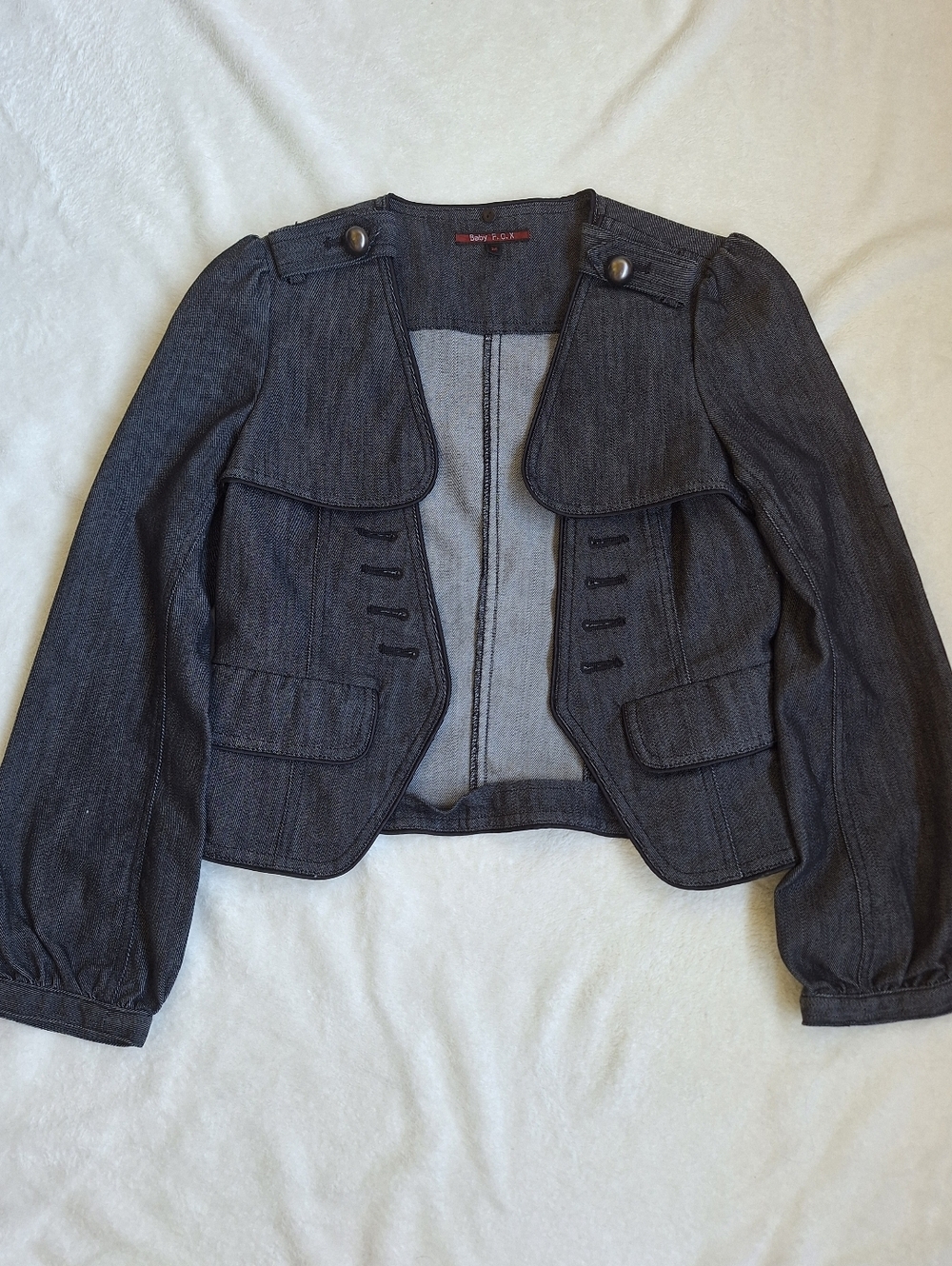 Vintage Baby F.O.X. Denim Bolero Shrug Cropped Military Jacket Y2K Size 36/XS